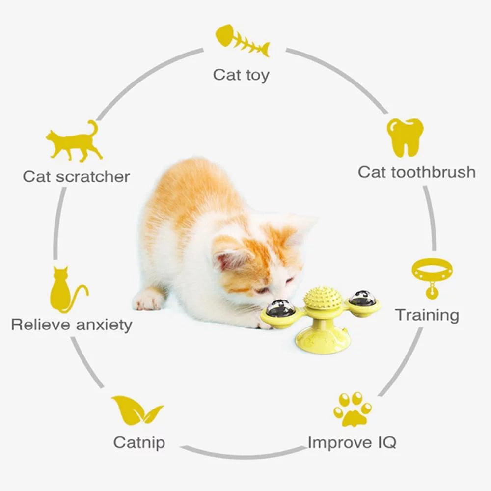 Cat Toys,Windmill Cat Toy with Led Ball and Catnip Ball,Cat Turntable Teasing Interactive Toy with Suction Cup, Funny Kitten Windmill Ball Cat Toys for Indoor Cats, Massage Scratching Tickle-1Pack