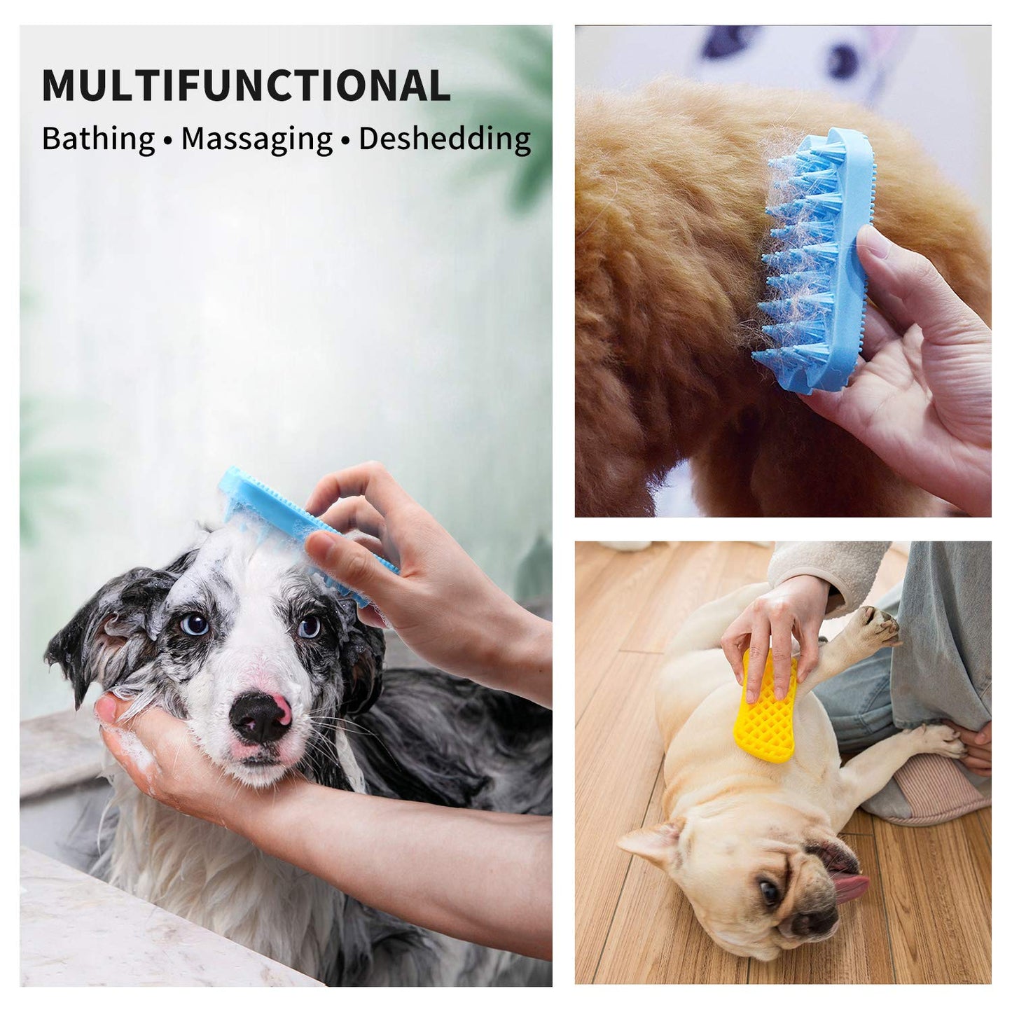 Dog Grooming Brush, Silicone Dual Side Pet Bath Brush for Deshedding & Massaging, Hair Brush Comb for Pet, Puppy, Cats (Blue)