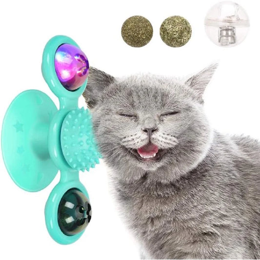 Cat Toys,Windmill Cat Toy with Led Ball and Catnip Ball,Cat Turntable Teasing Interactive Toy with Suction Cup, Funny Kitten Windmill Ball Cat Toys for Indoor Cats, Massage Scratching Tickle-1Pack